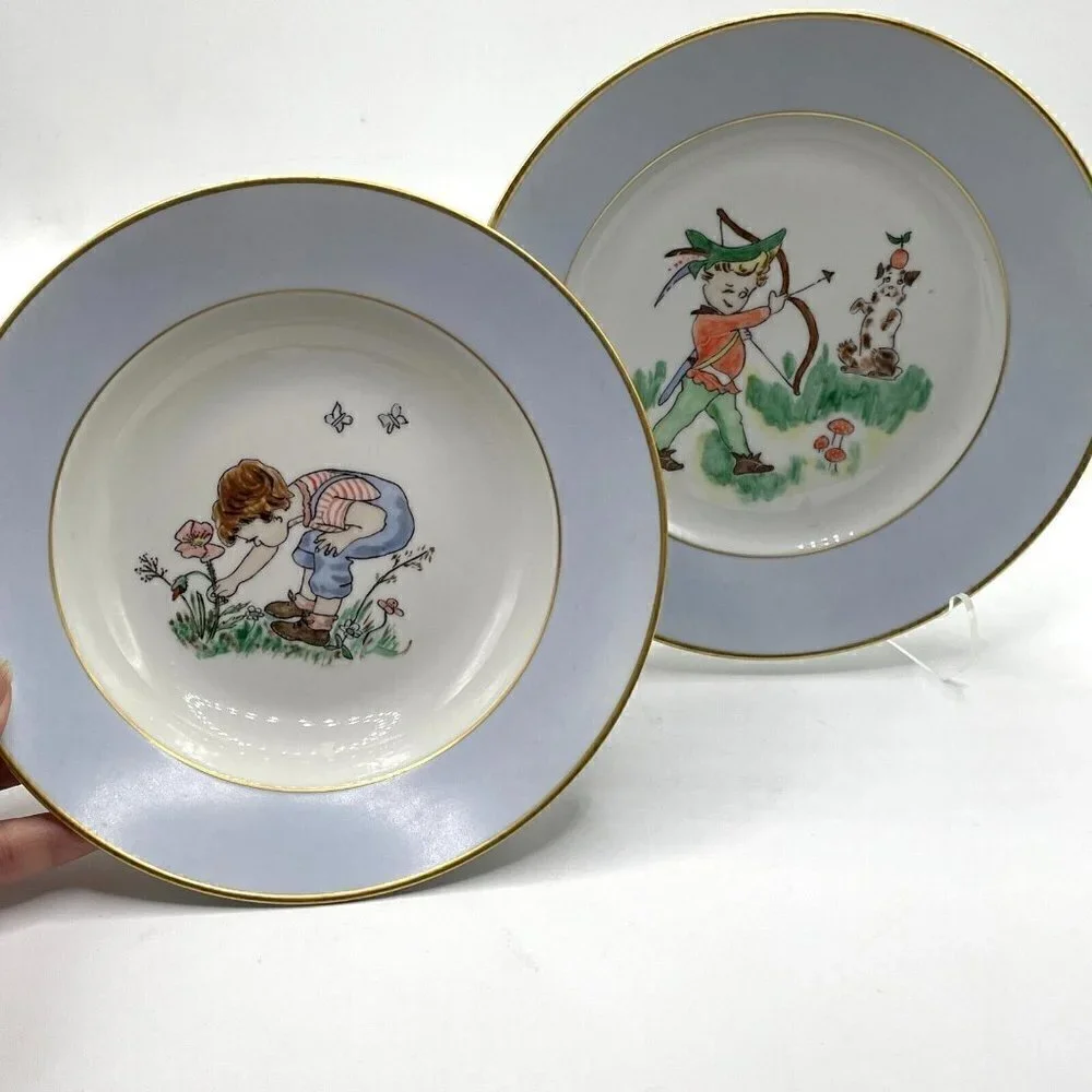 Vintage Signed 1954 Denmark Ceramic Hand Painted Blue Rim Child's Plate Bowl Set